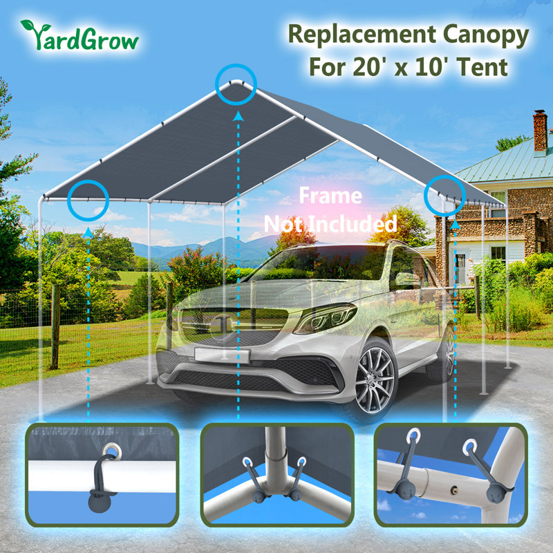 10' X 20' Carport Replacement Top Canopy Cover, UV Resistant And Water Resistant Car Port Portable Tent Cover With Ball Bungee, GREY, Only Cover