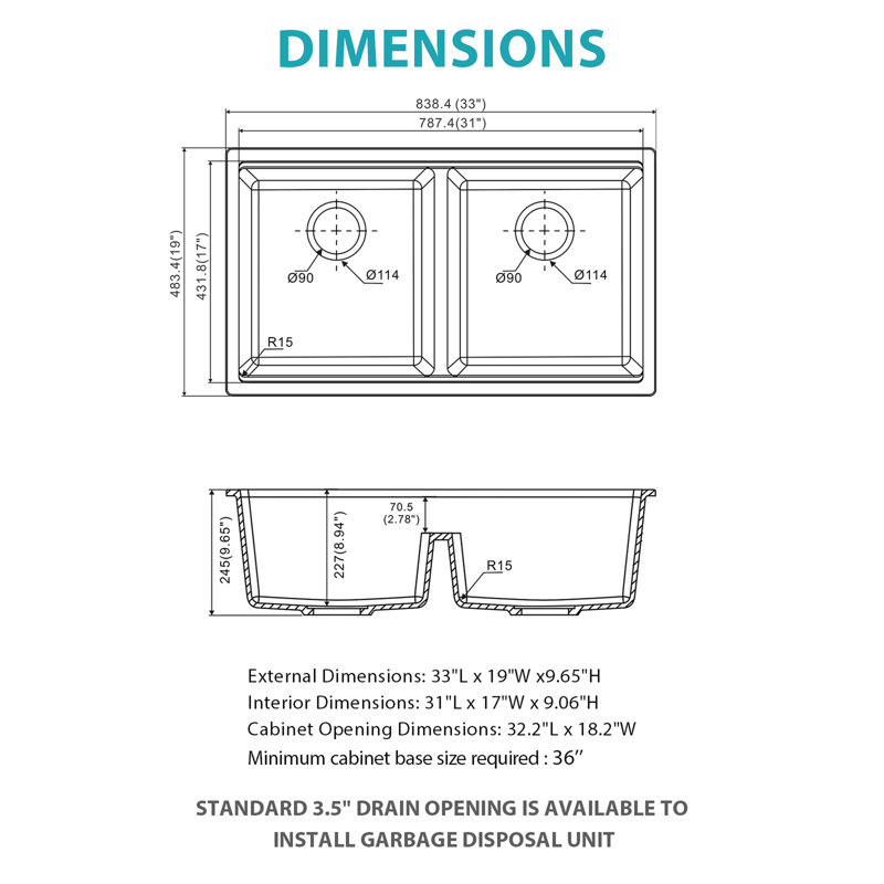 Quartz Kitchen Sink - 33" X 19" White Granite Composite Double Bowl (50/50) Workstation Undermount Kitchen Sink, Gold
