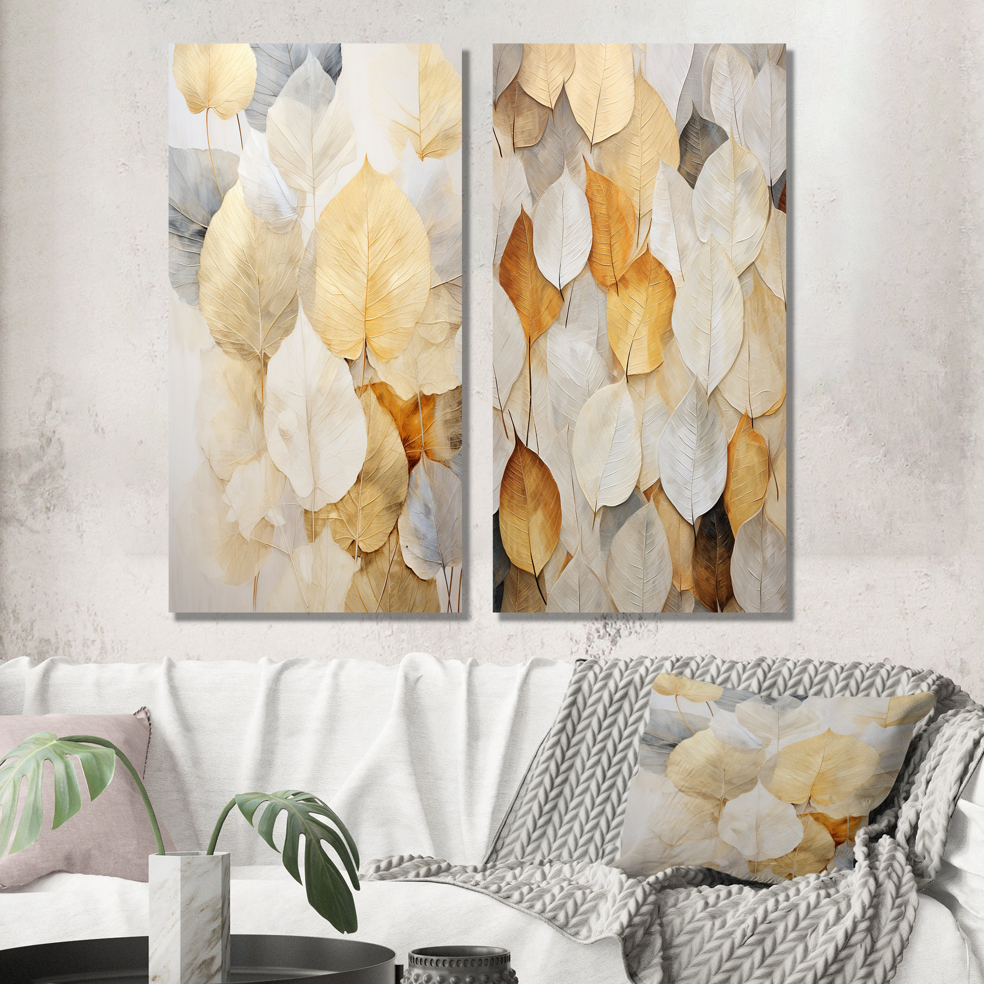 Latitude Run® Gold Minimalism Leaves Collage - Leaves Wall Art Living ...
