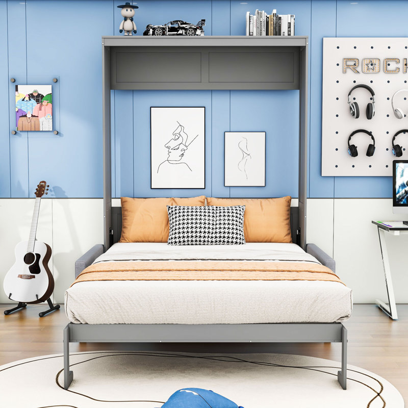 Shinpei Murphy Bed Wall Bed with Cushion, Gray, Queen