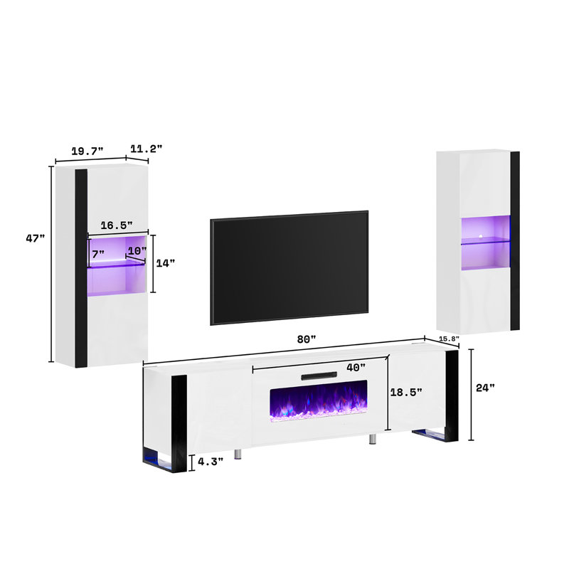 Bhhatu 80“ Entertainment Center for TVs with Electric Fireplace Included, White, White, 80"