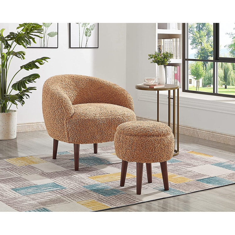 Emonnie Upholstered Armchair with Ottoman, Light Brown Faux Fur
