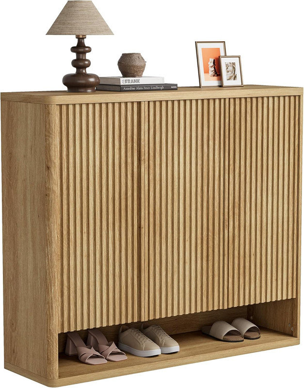 46-inch Wooden Shoe Cabinet with Fluted Door & Adjustable Shelves, Holds 30-35 Pairs for Entryway, Natural Wood