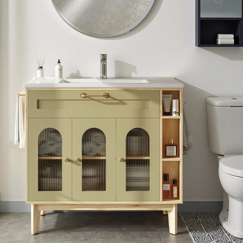 Silva 36" Bathroom Vanity With Integrated Sink, Reeded Glass Door & Open Shelves, Natural Wood Finish On Particle Board, Olive Green Cabinets