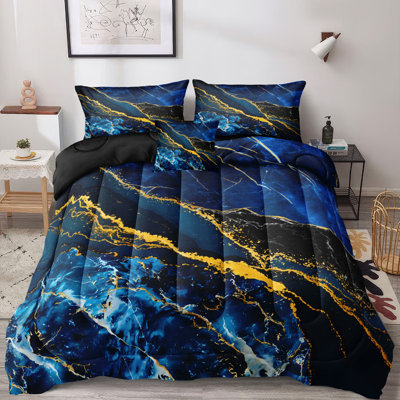 Ensemble d'édredon en marbre bleu et bleu grand, ensemble de literie de luxe abstrait noir et bleu marine avec taies d'oreiller, ensemble d'édredon art géométrique moderne, ensemble de lit toutes saisons en microfibre douce