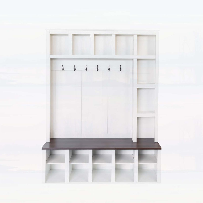 Wooden Hall Tree with 6 Hooks,Storage Bench, Adjustable Shelves,and 4-in-1 Entryway Shoe Cabinet
