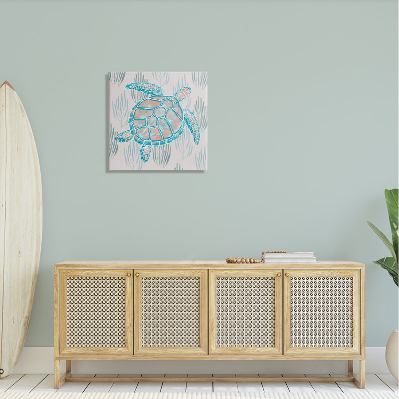 «Turtle de mer parmi les herbes de l'océan», art mural surdimensionné bleu orange par Ziwei Li an-194