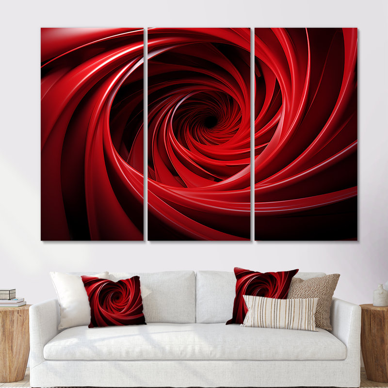 «Red and Black Abstract Spiral Dreamscape» - Art mural spirales abstraites, Toile tendue, H 32 po x l 48 po x P 1 po