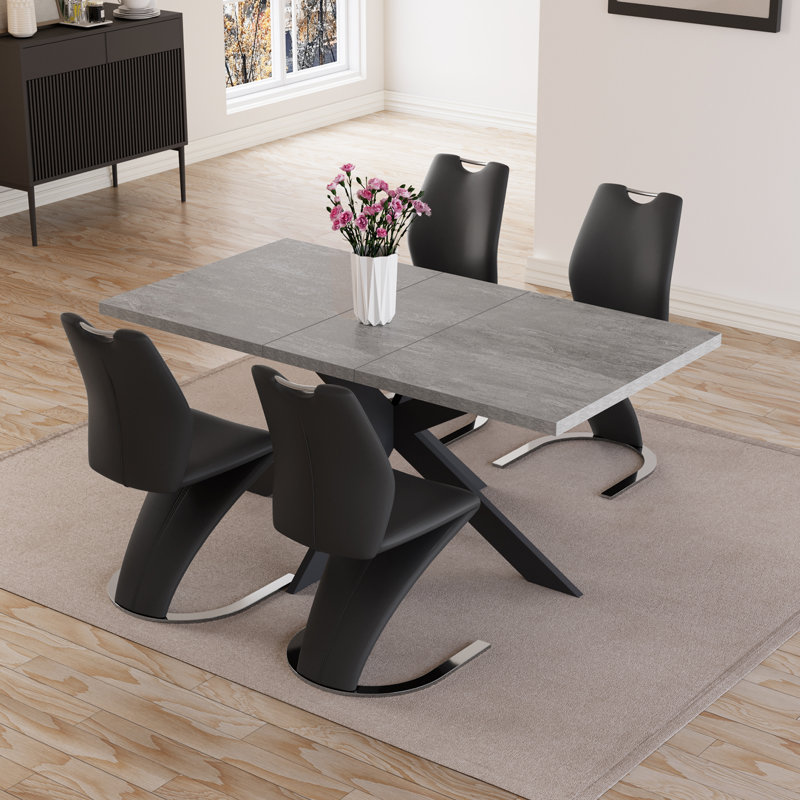 Modern Kitchen Dining Table Set, Extendable Dining Table With Dining Chairs, 30”H x 63”L x 35.4”W