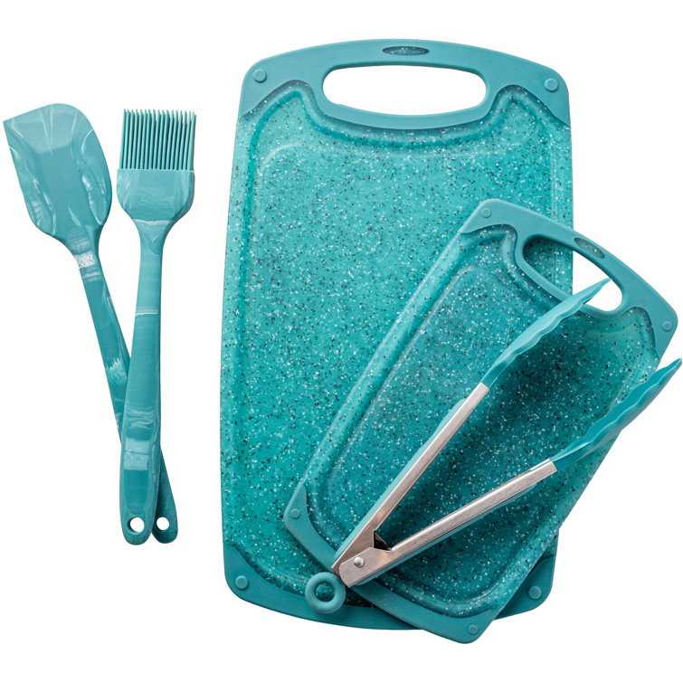 Plastic Cutting Boards & Utensil Set- Non-Slip Kitchen Chopping Board Juice Groove, Easy Grip Handle with Silicone Brush, Spatula and Cooking Tongs