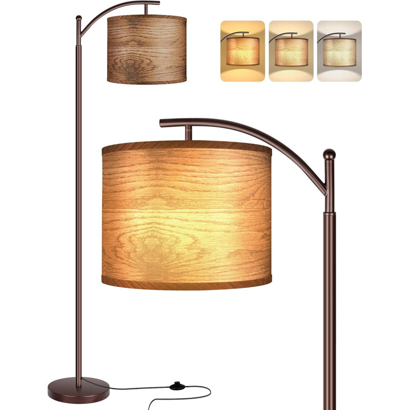 Floor Lamp For Living Room With 3 Color Temperatures LED Bulb, Standing Lamp Tall Industrial Floor Lamp For Bedroom, (9W LED Bulb, Wood Grain Pattern Lampshade Included) -Oil-Rubbed Bronze