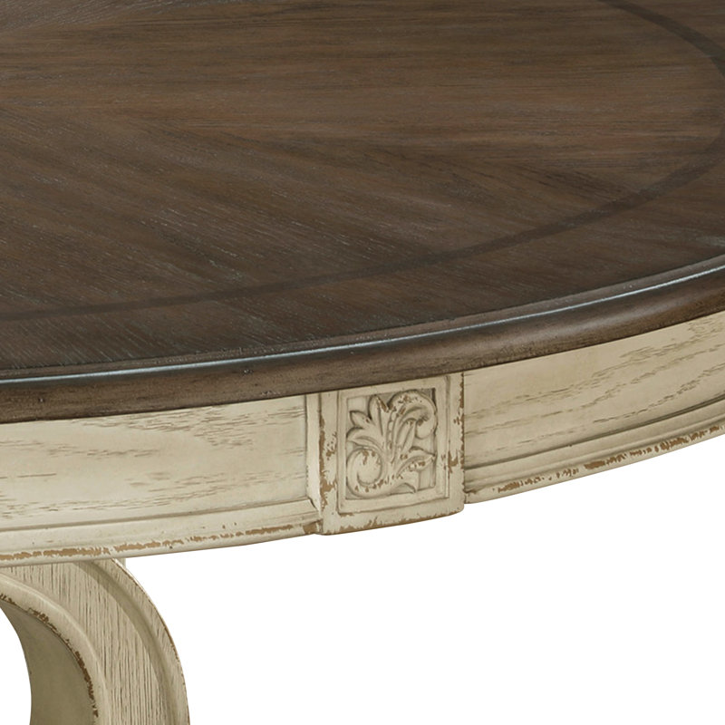 Marblewood 60'' Round Dining Table with Carved Pedestal Base, Antique White/Brown