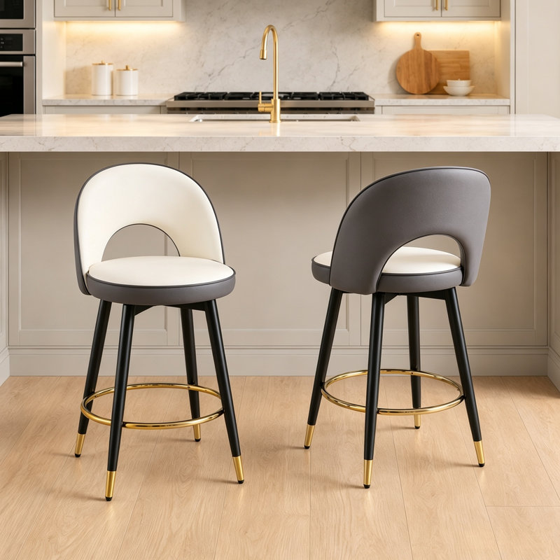 AriaHome 25" Upholstered Swivel Counter Stool with Low Back and Metal Footrest (Set of 2), 2, White/Dark Gray