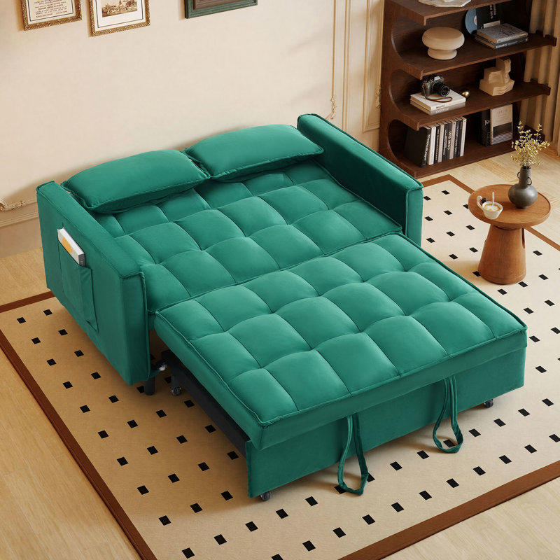55'' Velvet Upholstered Reclining Convertible Sleeper Pull Out Sofa Bed with Side Storage Pockets, Multi-Functional Adjustable Backrest Couch