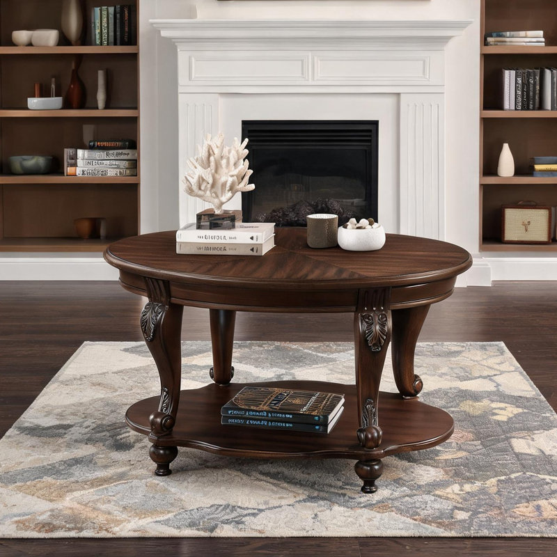 Table basse ovale à finition cerisier avec tablette ouverte, base en bois d'hévéa massif et plateau en panneau de fibres à densité moyenne de 42 pouces