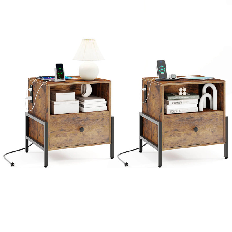Nightstand with Charging Station Bedside Table with Storage Shelf Side Table, 2