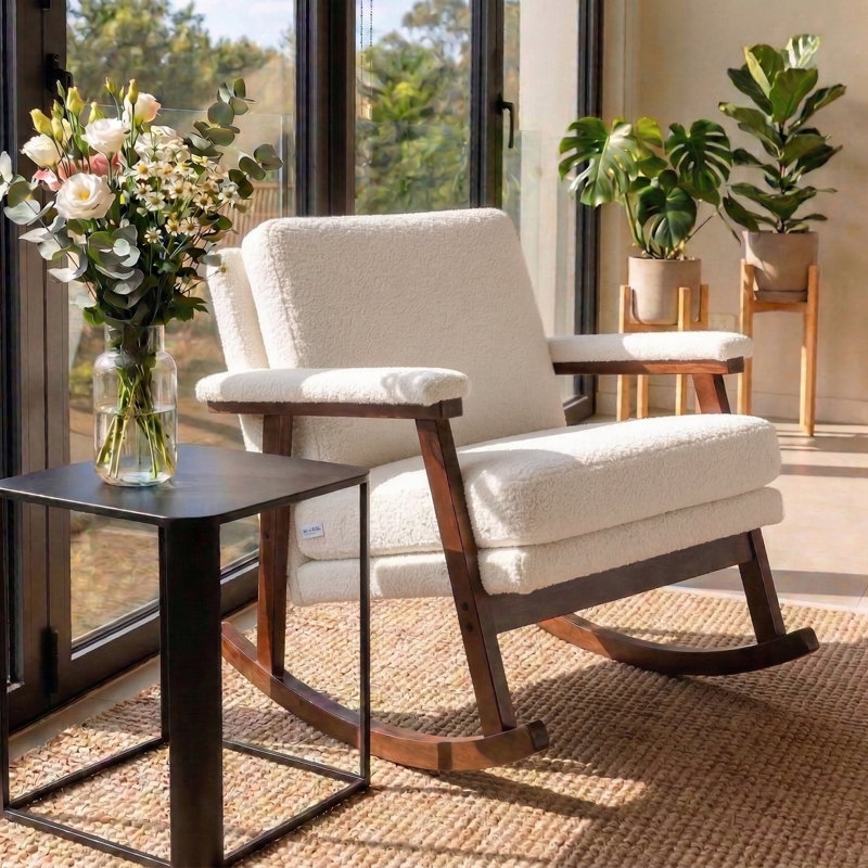 Chaise berçante moderne avec structure en bois massif et coussin moelleux, Blanc antique