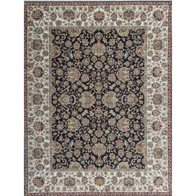 Tapis noir et crème noué à la main de haute qualité