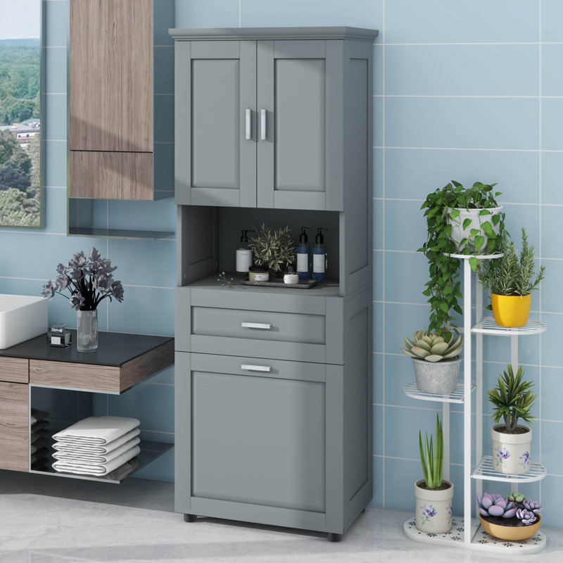 Armoire de salle de bain haute avec portes de panier à linge intégrées et section de rangement ouverte supérieure, Gris