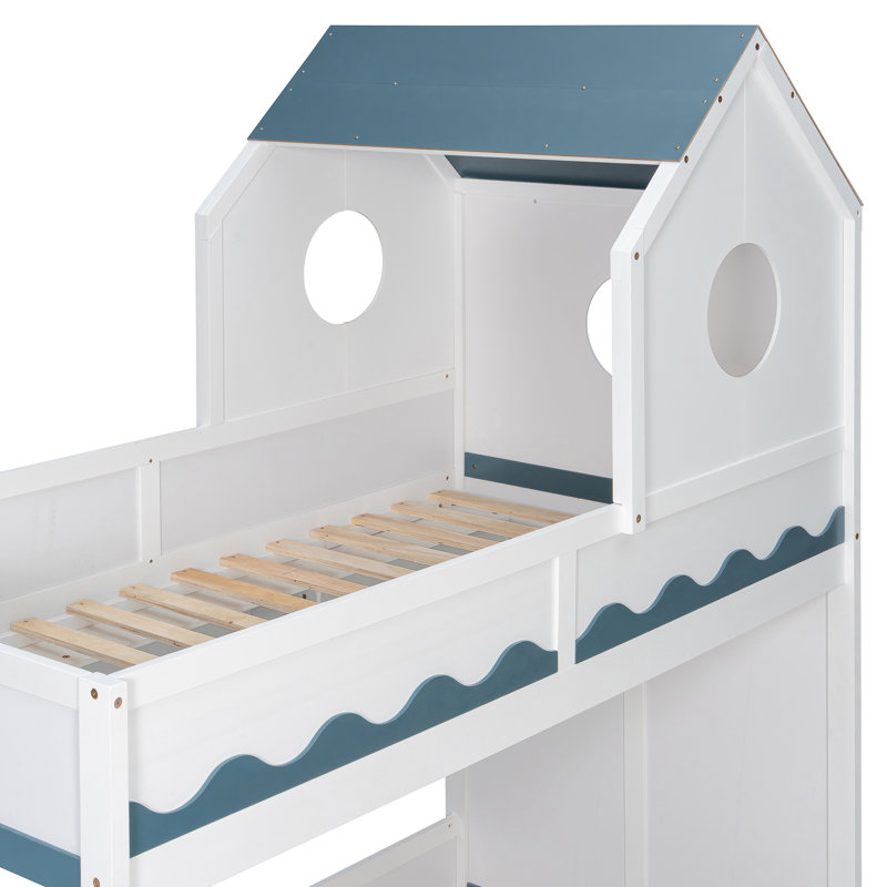 Lit superposé Khyron House avec structure en bois, tiroir et éclairage DEL, Blanc