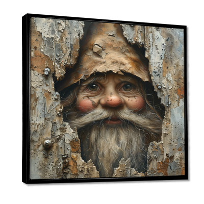 Beige gnome espion dans une enceinte en bois - art mural gnome