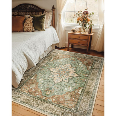 Area Rugs Washable Non-Slip Floral Vintage Distress Print Pattern Medallion Carpet For Living Room Bedroom Dining Room Brickrust Neutral Burnt