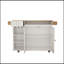 Chariot pour îlot de cuisine de 44 po avec plateau en bois massif, rangement pour le vin, porte-épices, porte-serviettes, porte-verres à vin, table à roulettes pour îlot de cuisine sur roulettes, installation sans outil, blanc et chêne