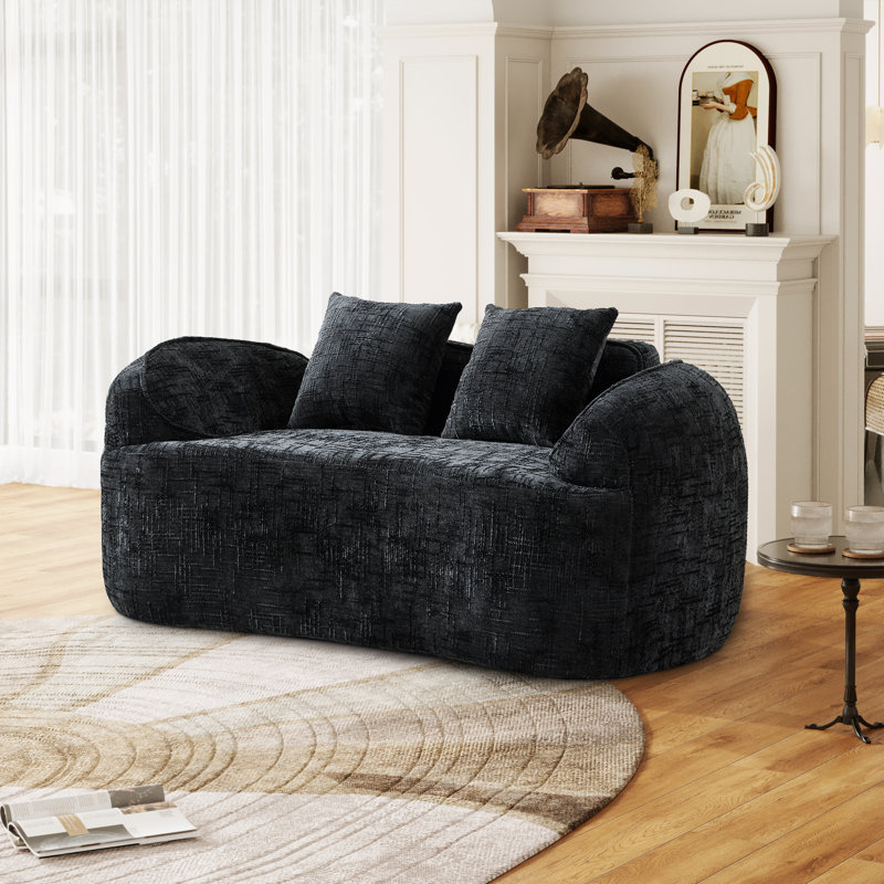 2-seater Curved Compressed Sofa, Upholstered Boneless Loveseat, Black