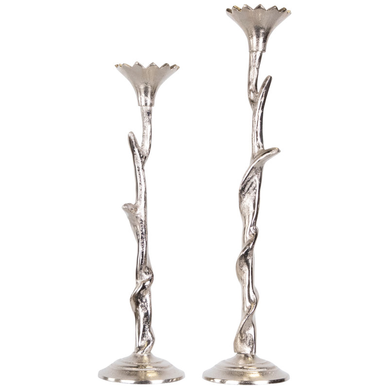 Bougeoirs floraux en métal - Finition argentée - Ensemble de 2
