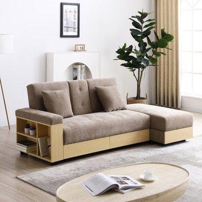 Multifunctional Convertible Sleeper Bed, Brown Cotton Linen Upholstered Couch With Storage , Drop Down Table And 2 Cup Holders, High Density Foam Filler, Solid Wood Frame, 3 - Person Seating,