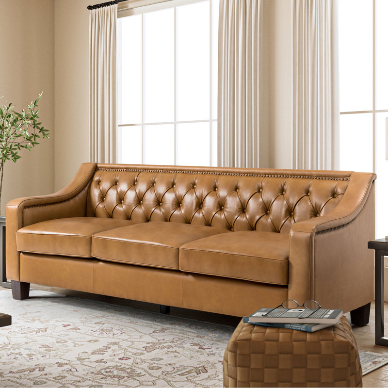 Raeburn 82.28" Wide Genuine Leather Sofa With Sloped Arms, Camel Genuine Leather