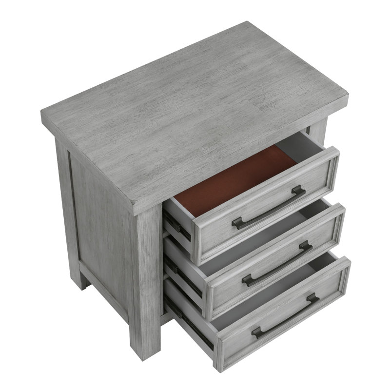 Table de chevet Daisy, placage de manguier gris, 3 tiroirs, boutons en métal bronze