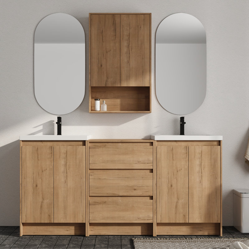 Meuble-lavabo double autoportant 72 po avec comptoir en résine et rangement mural pour salle de bain 24 po Vowar