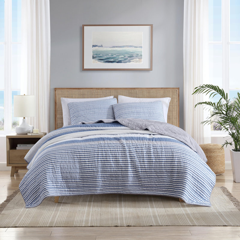 Nautica Fairwater Cotton Reversible Blue Quilt Set, King Quilt + 2 King Shams