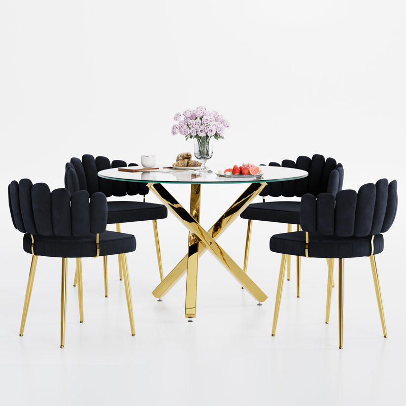 Round Glass Dining Set for 4-6, Black, 5 Pieces: Table, 4 Chairs, 29.95 H x 39.37"L x 39.37"W