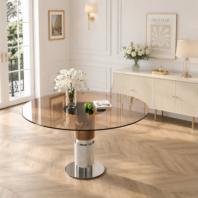 Table de salle à manger ronde de 89 cm (35 po) en verre trempé pour 2 à 4 personnes, style bistrot, brun foncé, plateau en verre soutenu par des pieds en acier inoxydable, idéale pour les appartements et les restaurants