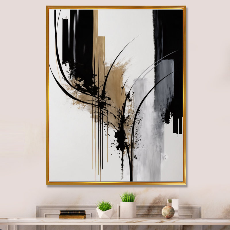 Avetik noir et blanc Expression II - art mural moderne sur toile, H 40 po x l 30 po, Toile avec cadre flottant, Doré