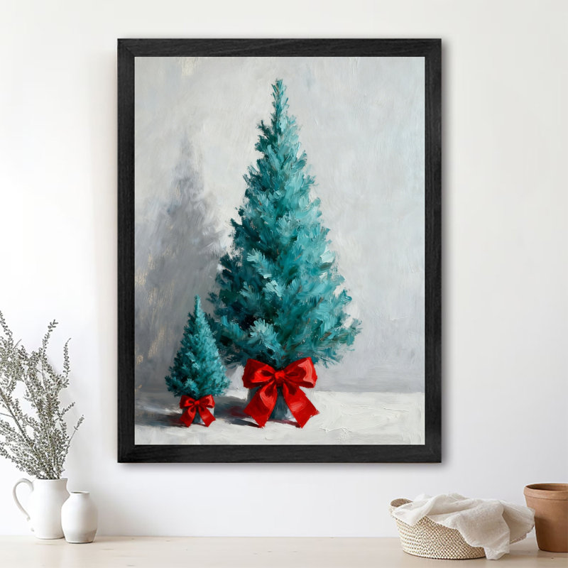Reproduction encadrée noire rétro d'un arbre de Noël bleu avec un nœud papillon rouge, H 11 po x l 9 po