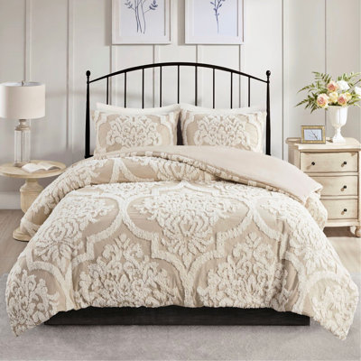Housse de couette pour lit double / grand 3 pièces, chenille de coton avec motif et capitonnage à boutons
