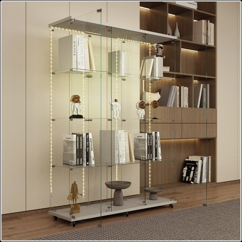 Durable Tempered Glass Display Cabinet With Bluetooth LED, Lock, And Casters For Versatile Storage And Display In Various Rooms