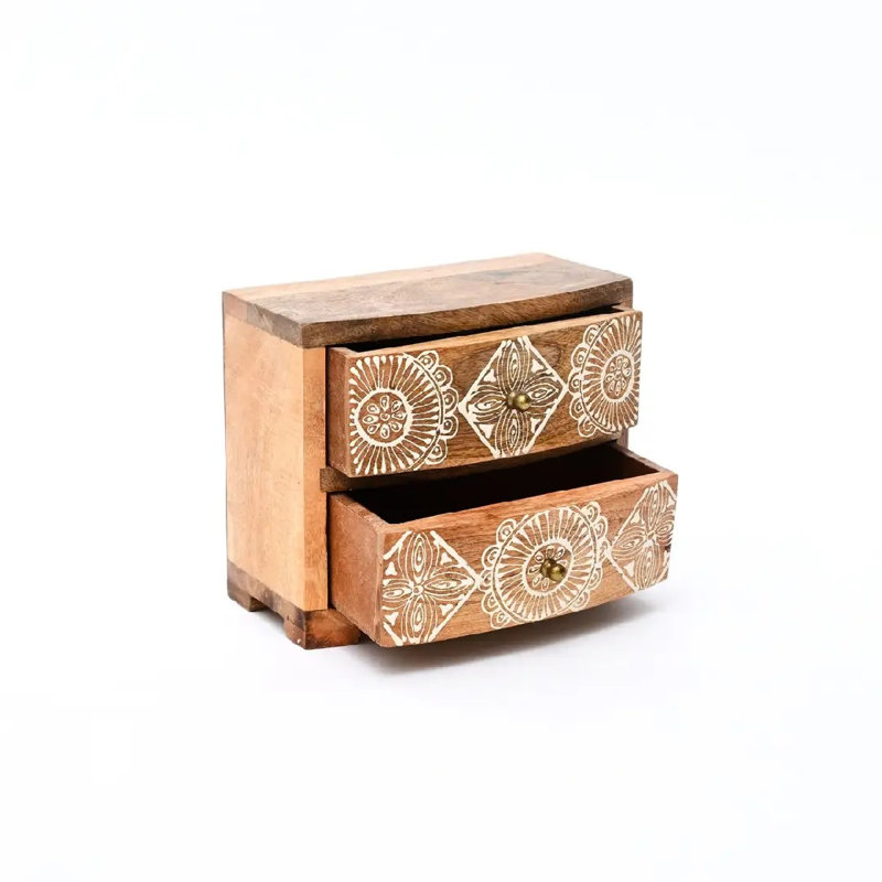 Coffre de rangement en bois de manguier sculpté à la main à 2 tiroirs, boîte de rangement Boho