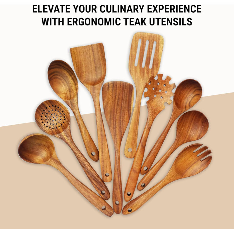 Ensemble d'ustensiles en bois de teck 10 pièces pour la cuisine - Cuillères, spatules et ustensiles de cuisine antiadhésifs, résistants à la chaleur et écologiques