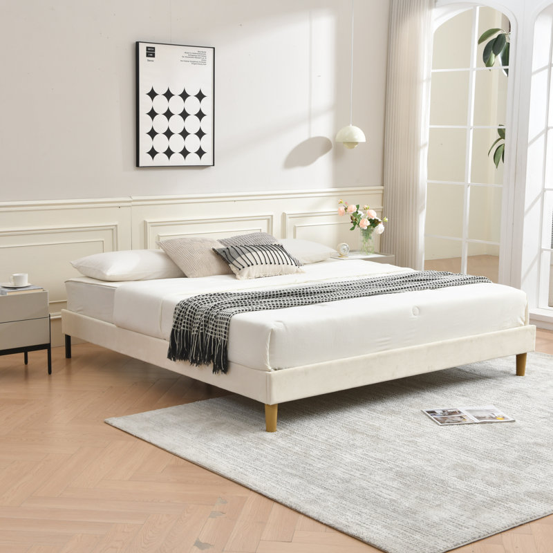Lit plateforme en tissu d'ameublement, Crème, Très grand