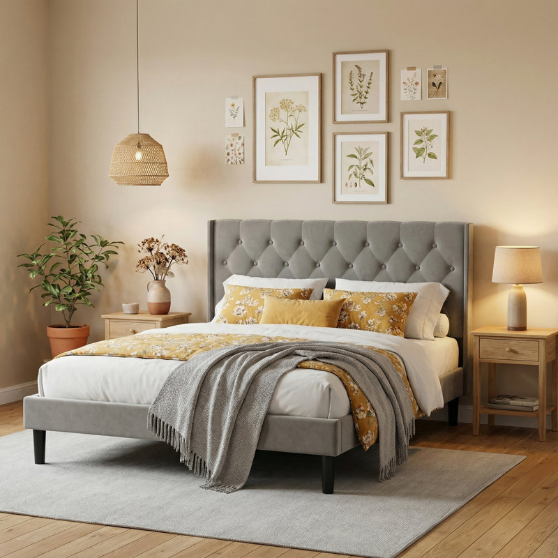 Upholstered Bed Frame with Diamond Button Tufted Headboard, Kingsize (5'), Grey