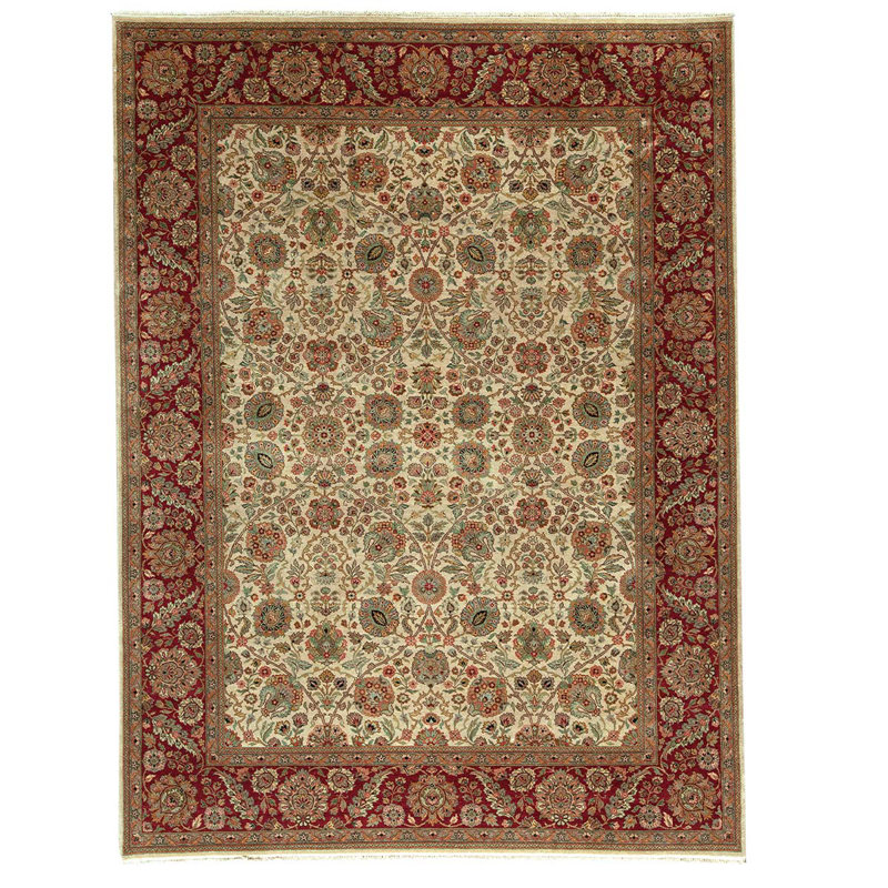 Tapis rouge / brun / vert tissé à la main, Rectangle 9 pi 1 po x 12 pi 12 po