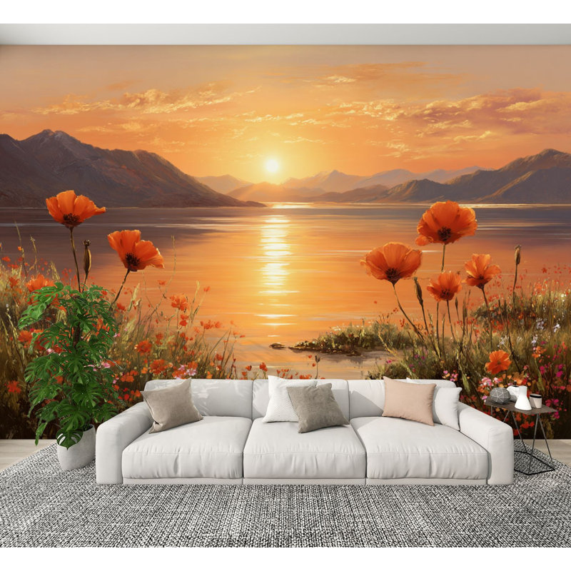Papier peint adhésif auto-adhésif Sunset Lake Mountain, L 144 po x l 100 po