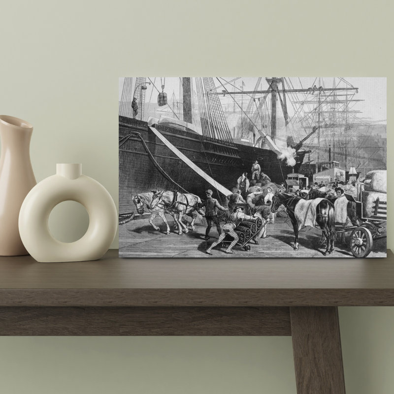 Illustration de 1870 et 1877 Illustration de débardeurs déchargeant un bateau à voile au quai de New York, H 18 po x l 12 po