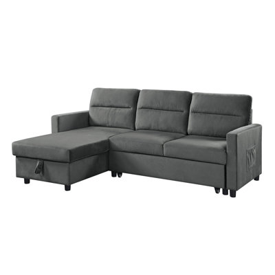Ivy 81.5" Dark Gray Velvet Reversible Sleeper Sectional Sofa With Storage Chaise And Side Pocket