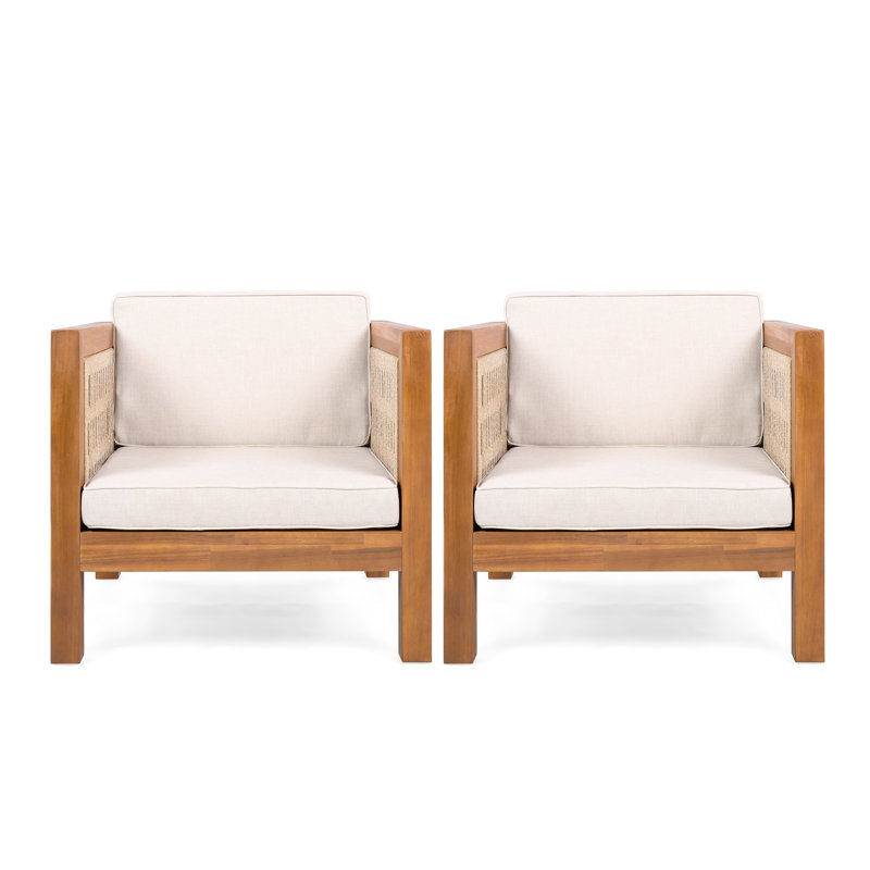 Ensemble de 2 fauteuils club d'extérieur avec structure en bois d'acacia et coussins beiges