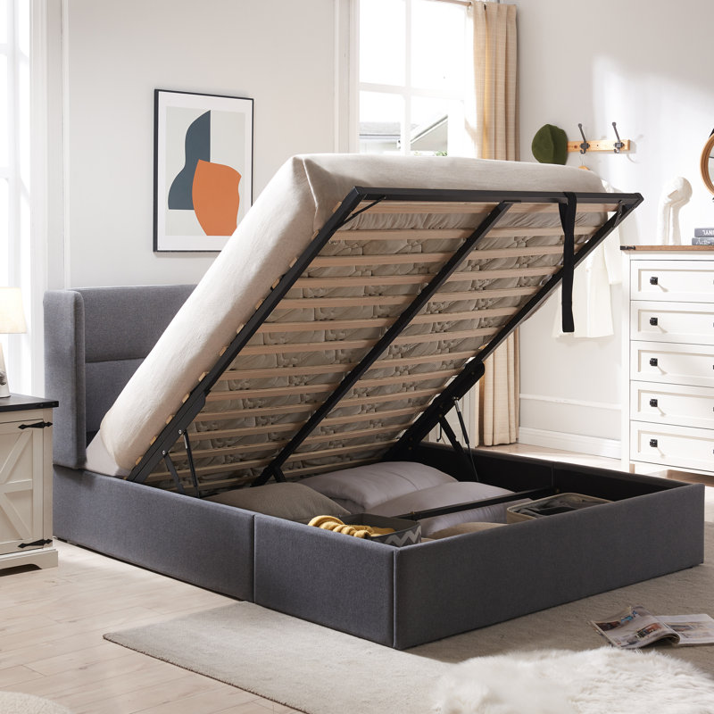Lit plateforme tapissier avec rangement Gaillarde, Grand, Gris olive clair